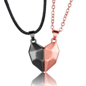 Heart Magnet Necklace Set for‎ Couple - Black w/ Pink, Great Gift, Anniversary